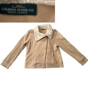 LRL Ralph Lauren Tan Cotton Fleece Zip Up Crop Shirt Jacket / Women’s Large *